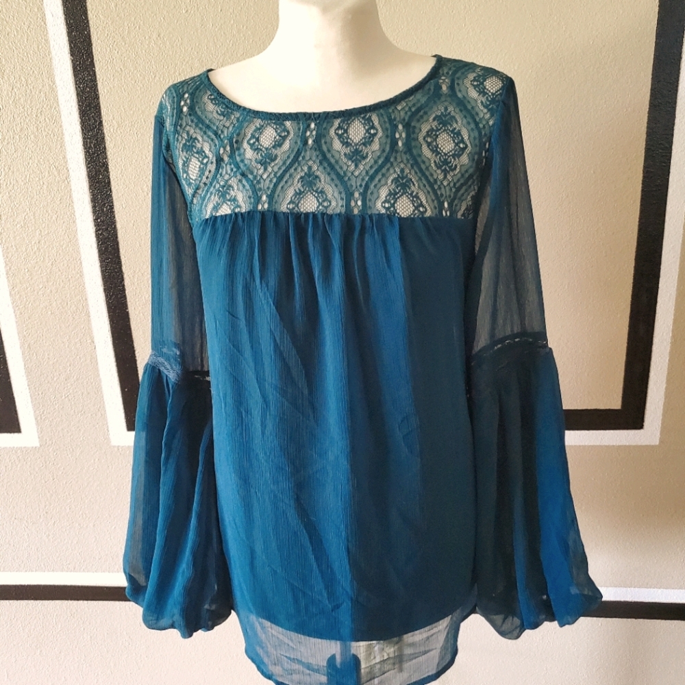 Teal lace embellished blouse